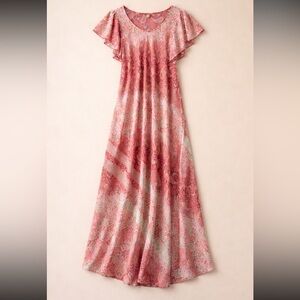 YULI Silk Maxi Dress Pink Paisley Boho Flutter Sleeve Flowy Woman Free Size